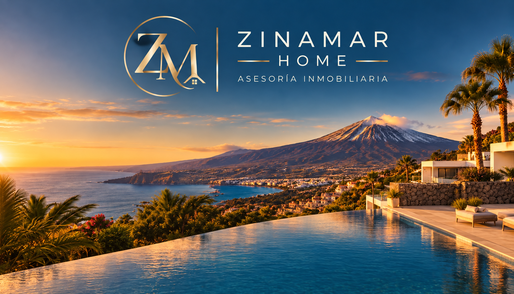 Zinamar Home: imagen de bienvenida con el Teide y la marca ZM